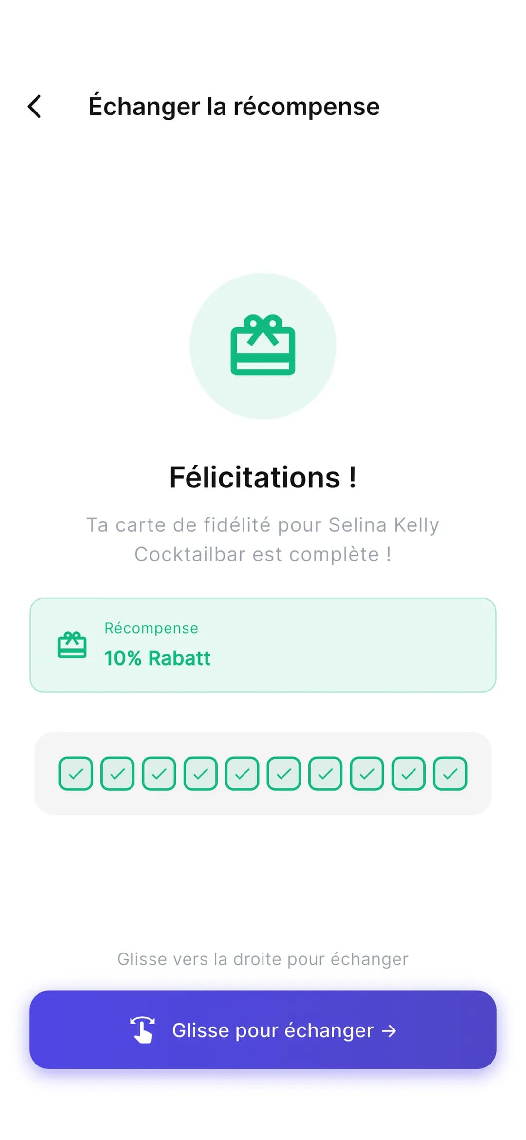 Appli Stempely : carte de fidélité complète avec bouton « Échanger »