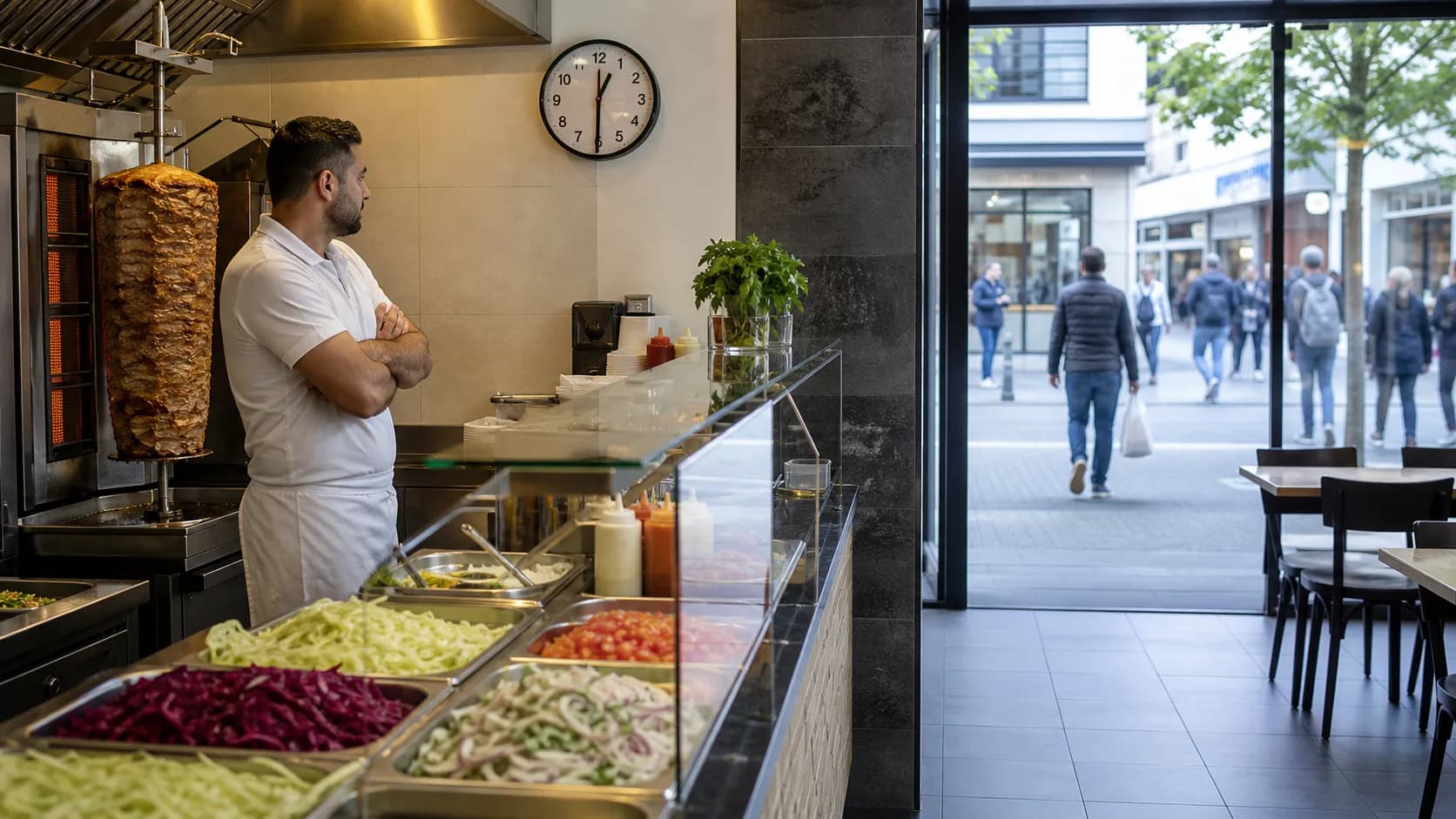 Kebab vide à l'heure du déjeuner — symbole des clients de passage qui manquent