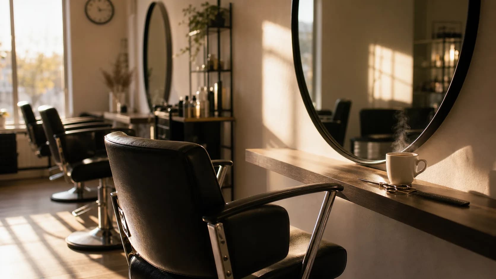 Fauteuil de coiffure vide dans une lumière du soir chaleureuse — symbole des clientes fidèles en retard