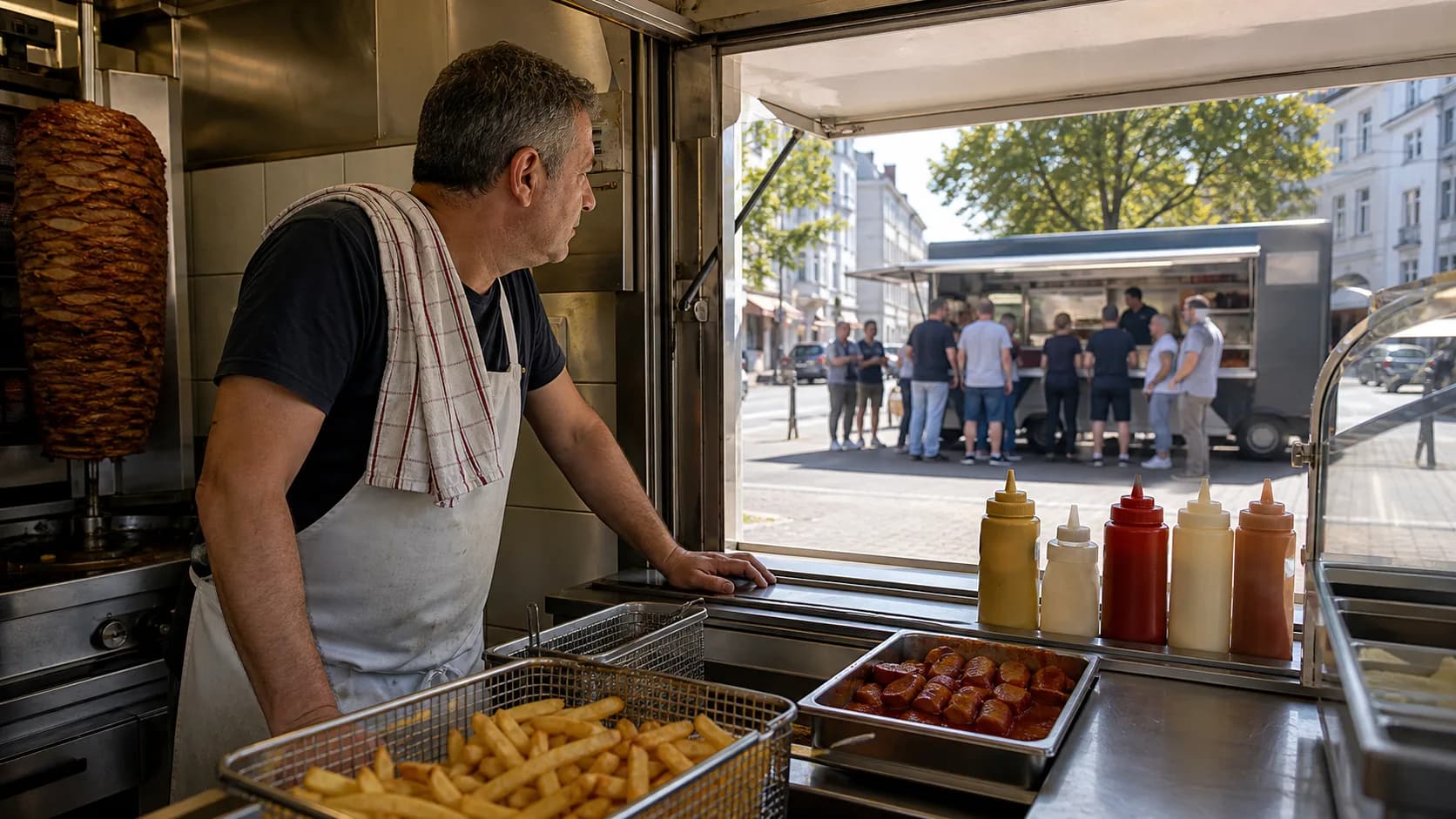 Comptoir de snack vide à l'heure du déjeuner — symbole d'un manque de clientèle de passage