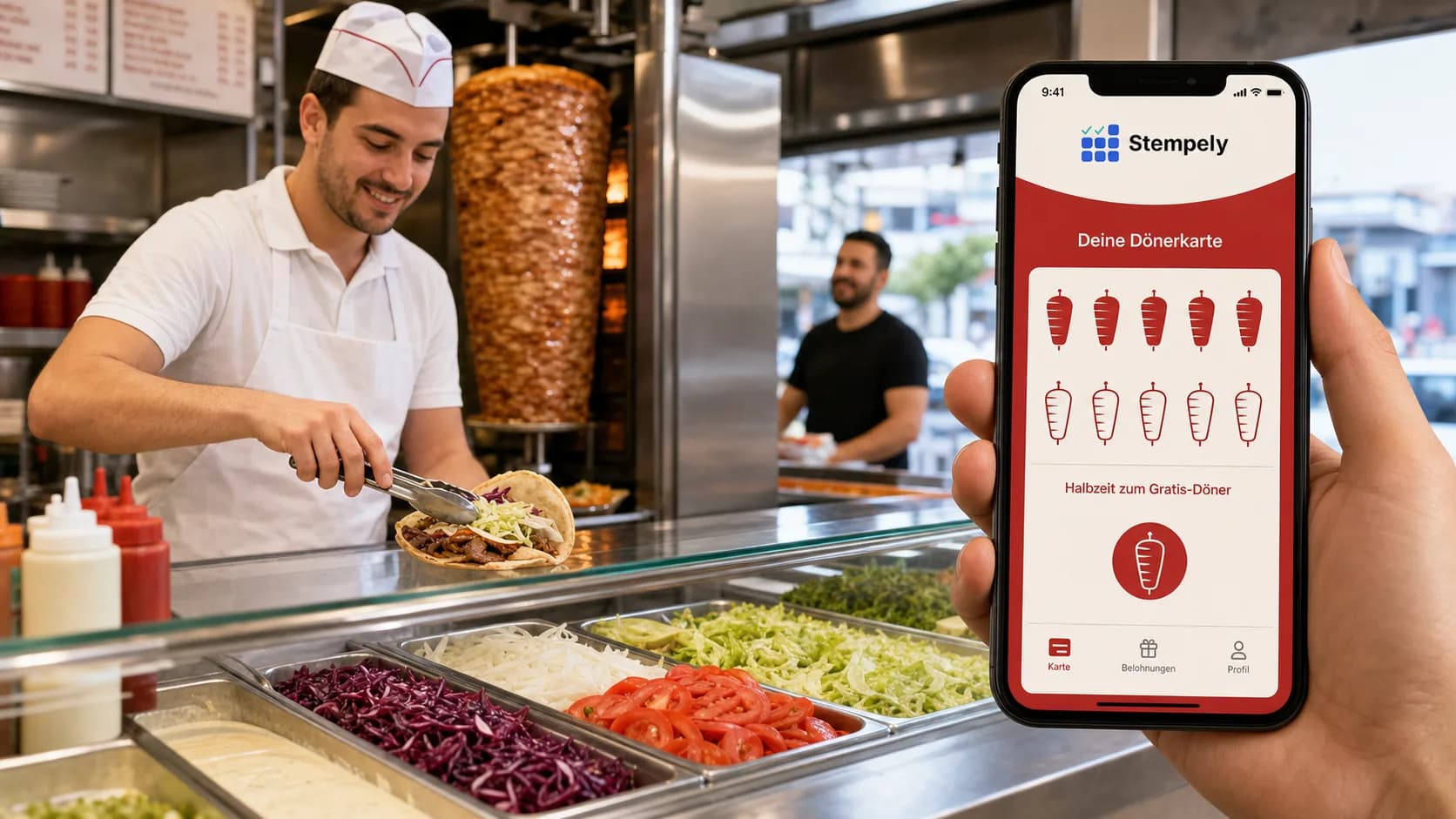 Maître kebab avec l’application Stempely au comptoir de la broche, carte de fidélité numérique pour kebab