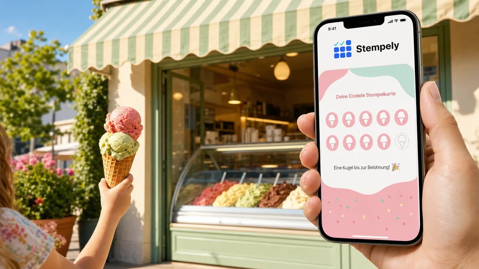 Glacier avec l'application Stempely à la vitrine à glaces, carte de fidélité numérique pour glacier et gelateria