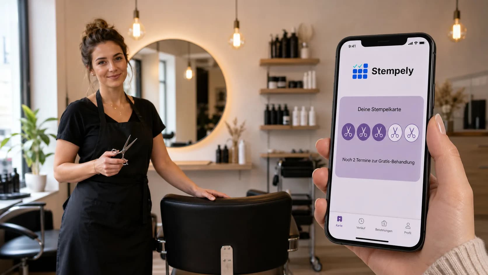 Coiffeur avec l'appli Stempely au comptoir du salon, carte de fidélité numérique pour salon de coiffure et barbershop