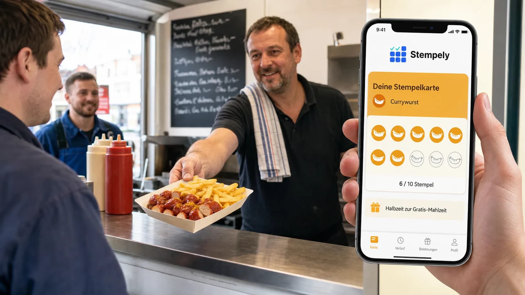 Gérant de snack avec l'application Stempely au comptoir, carte de fidélité numérique pour snack et friterie