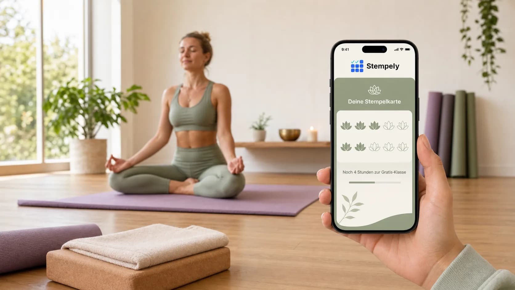 Professeure de yoga avec l’appli Stempely dans la salle du studio, carte de fidélité numérique pour studio de yoga et studio de Pilates