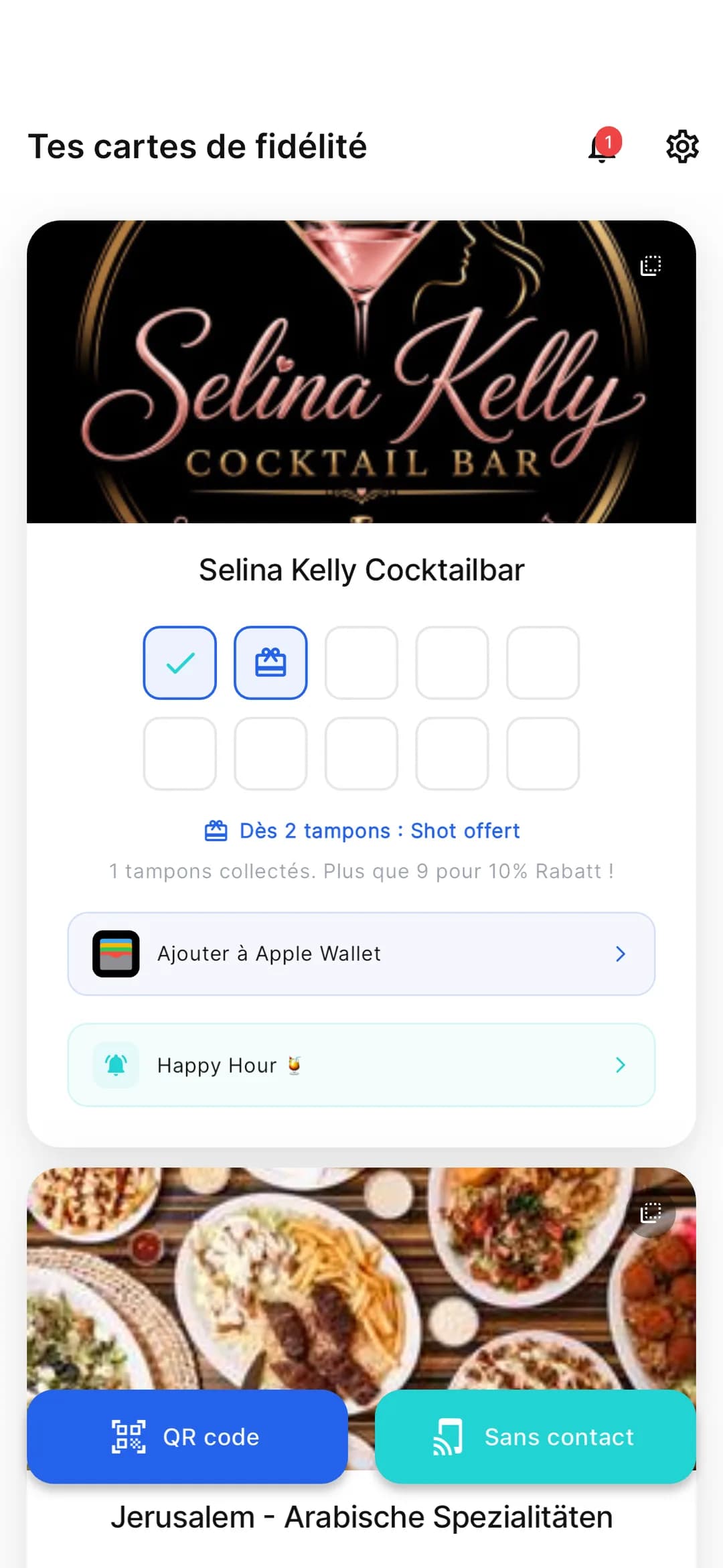 Appli Stempely : écran d’accueil avec plusieurs cartes de fidélité
