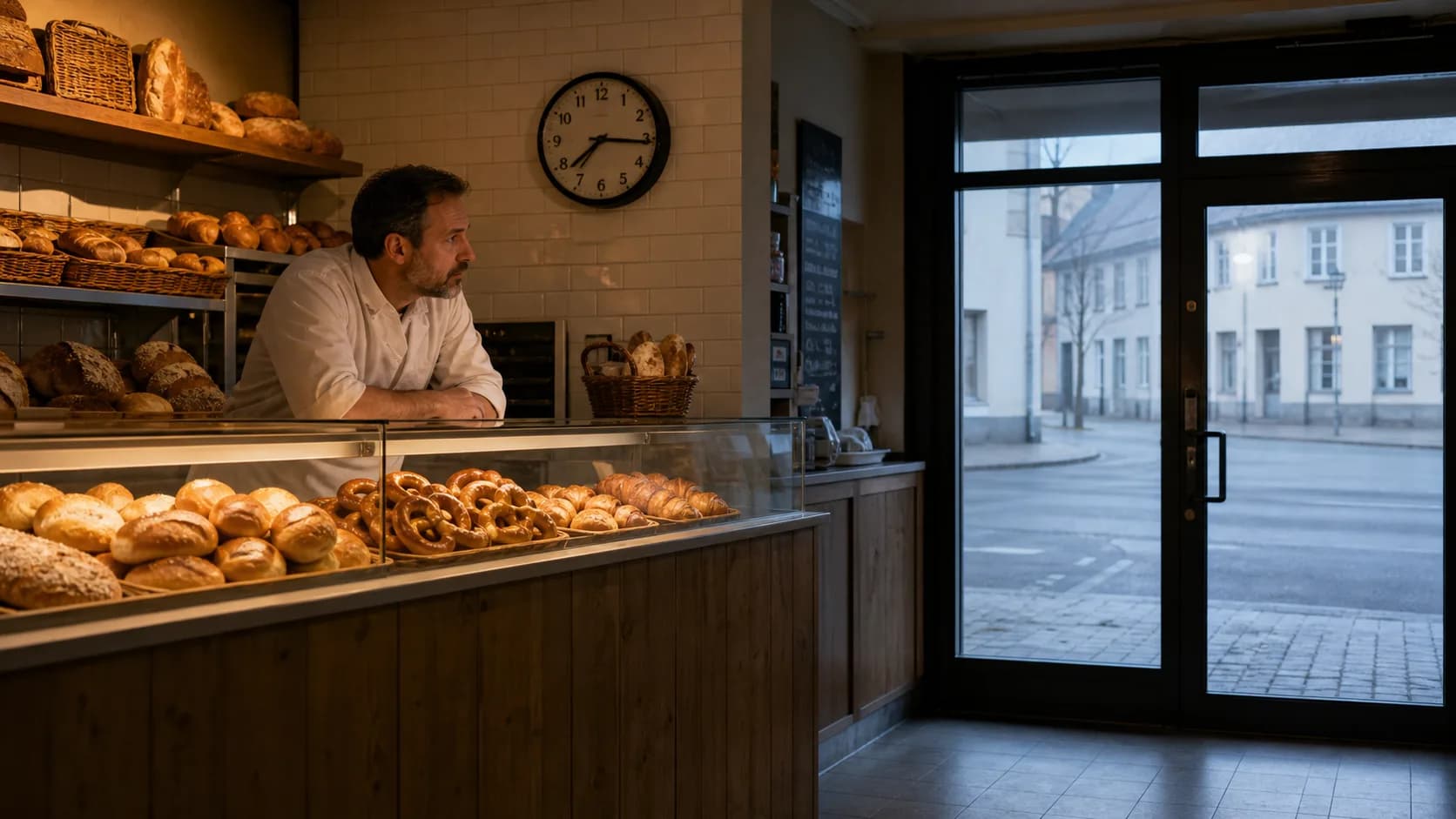 Comptoir de boulangerie vide tôt le matin — symbole des habitués qui ne viennent plus