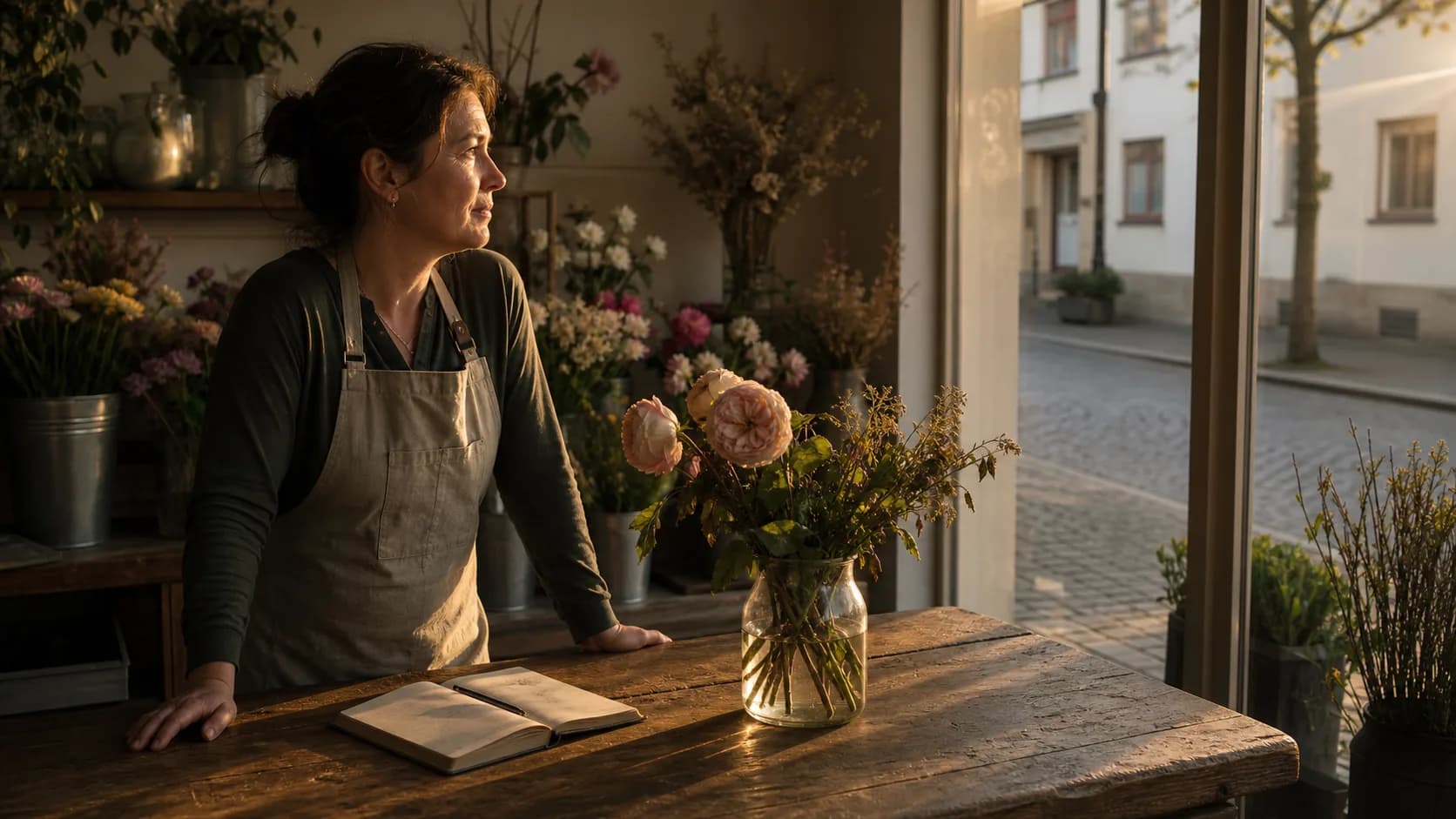 Magasin de fleurs vide en fin d'après-midi — symbole d'une clientèle fidèle manquante