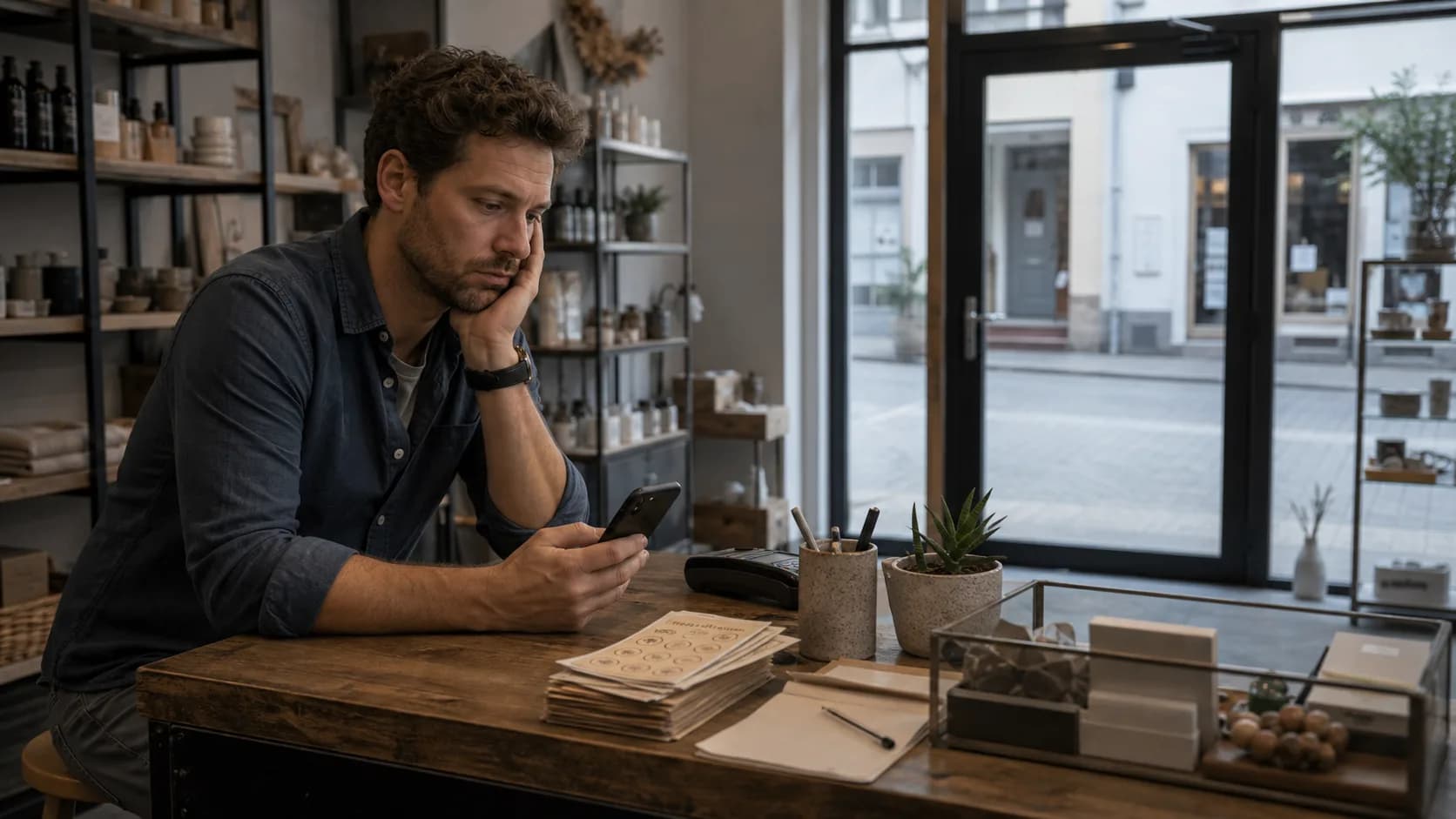 Magasin de détail vide un jour de semaine calme — symbole du manque de clients réguliers