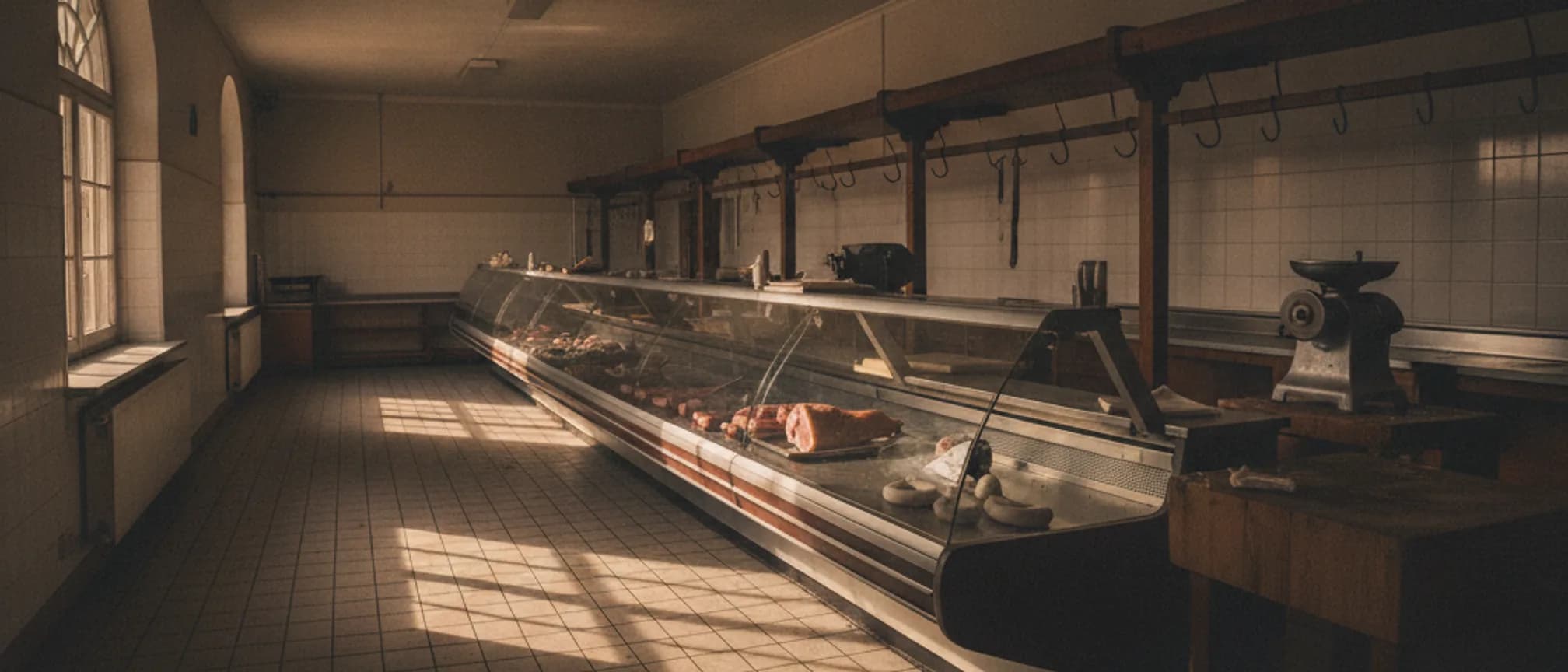 Comptoir de boucherie vide en fin d'après-midi, symbole des habitués qui ne reviennent plus
