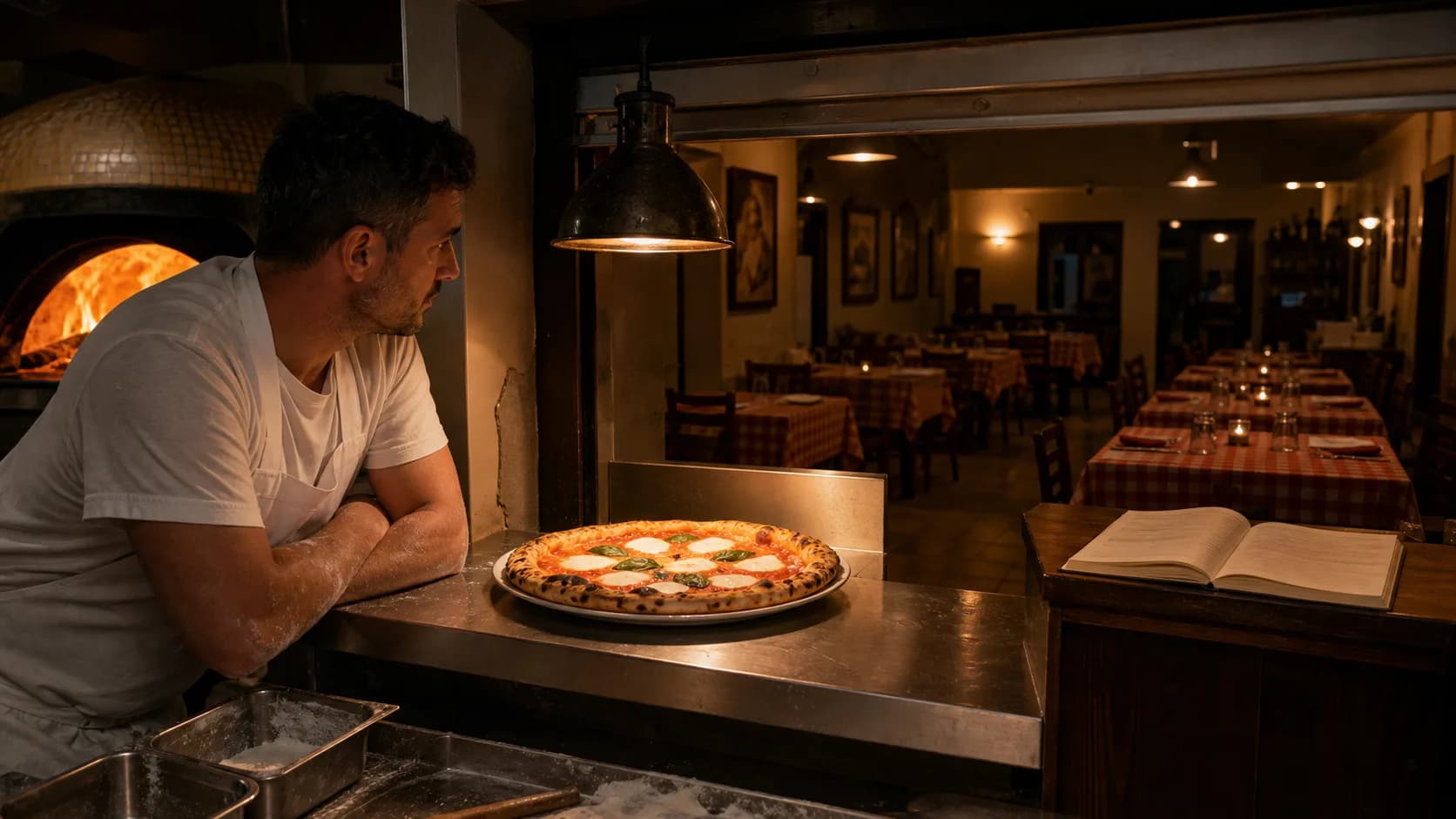 Salle de pizzeria vide un vendredi soir — symbole des habitués perdus