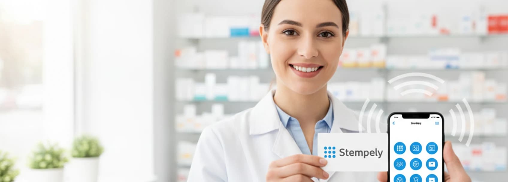 Cliente scannant le QR code Stempely au comptoir, programme de fidélité numérique pour pharmacie