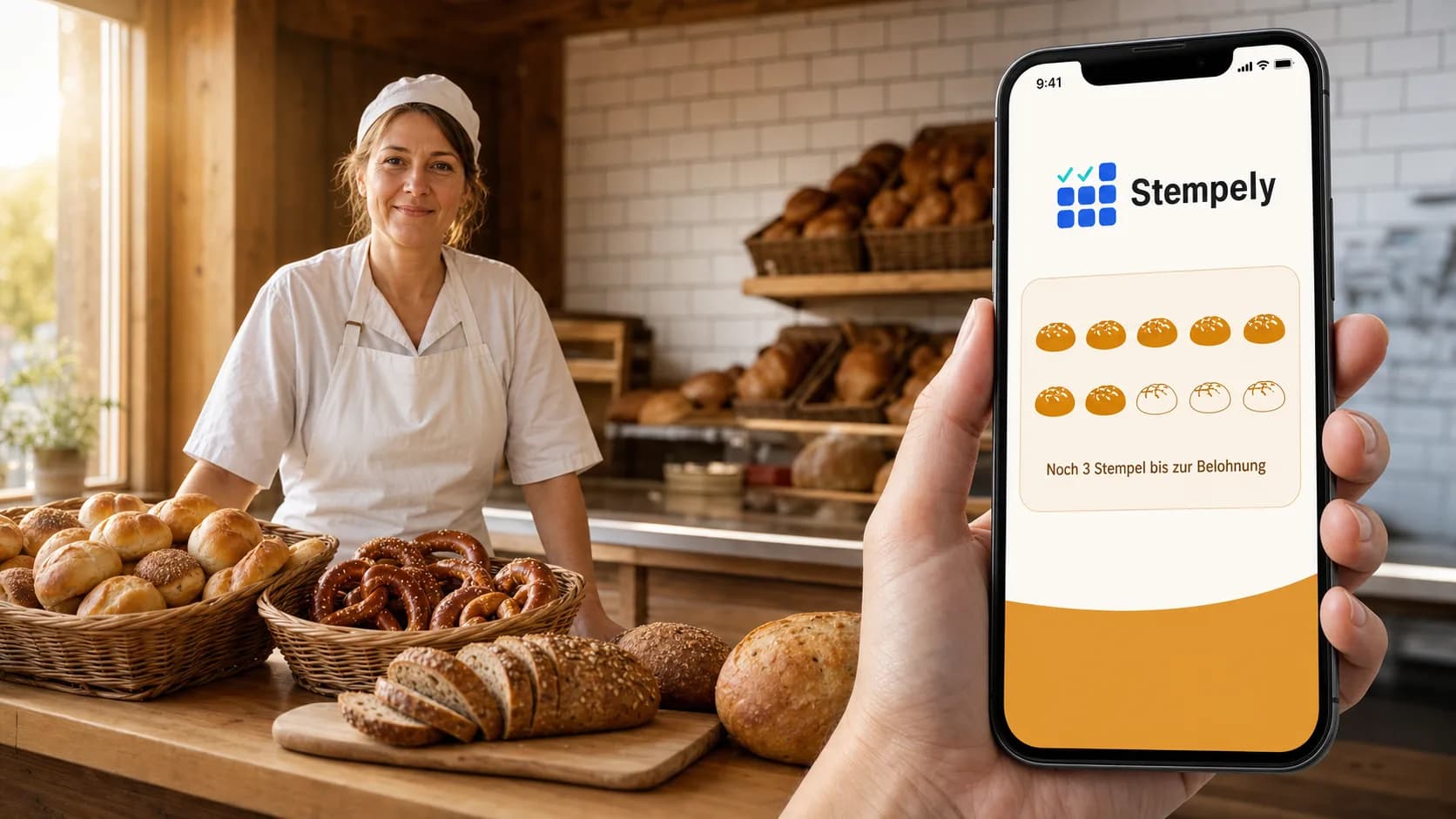 Boulangère utilisant l'application Stempely au comptoir à pain, carte de fidélité numérique pour boulangerie et dépôt de pain