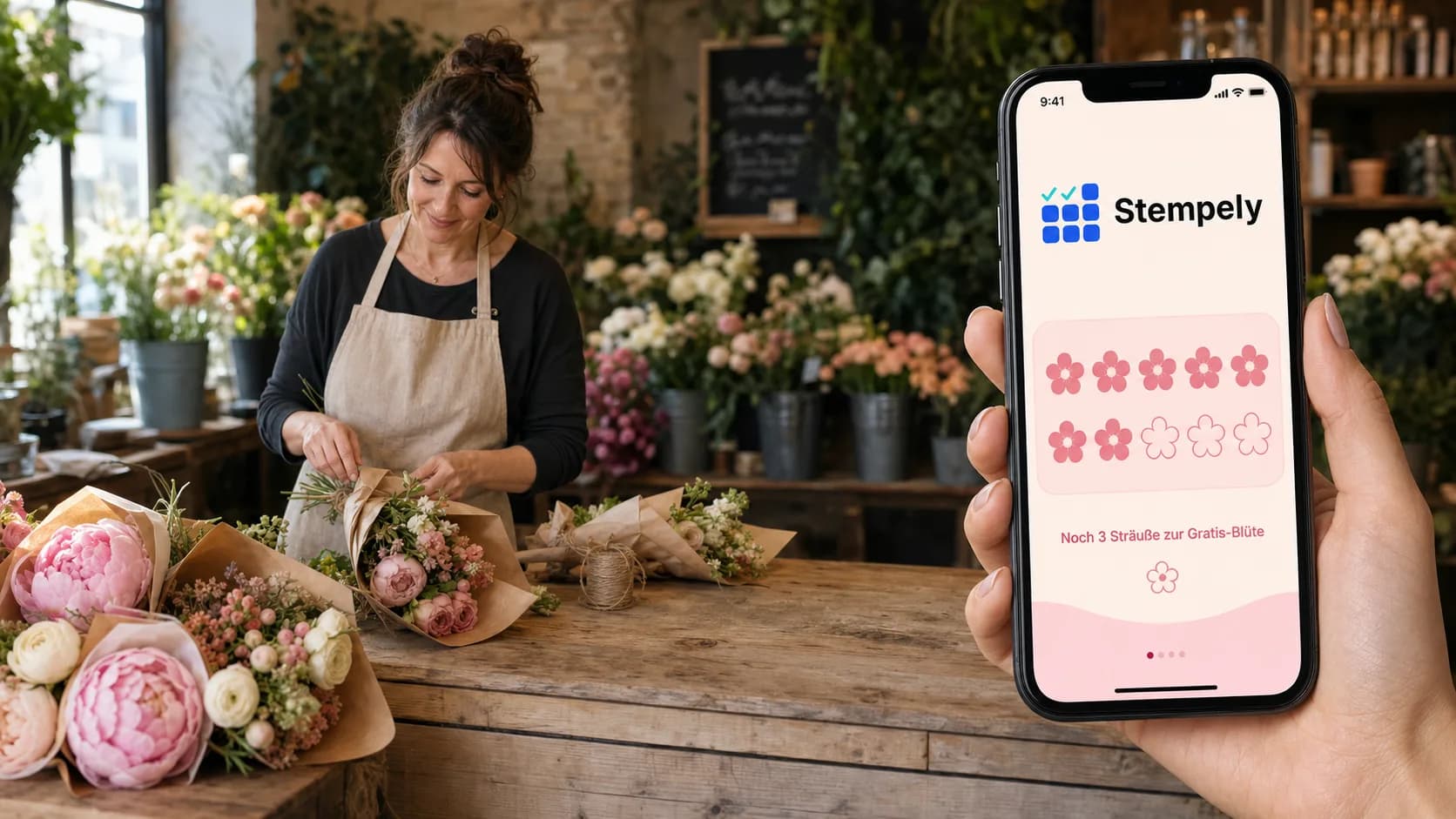 Fleuriste avec l'application Stempely à la table de liage, carte de fidélité numérique pour magasin de fleurs et floristique