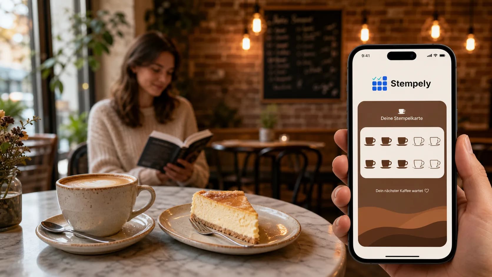 Barista avec l'application Stempely à la machine à espresso, carte de fidélité numérique pour café et coffee shop