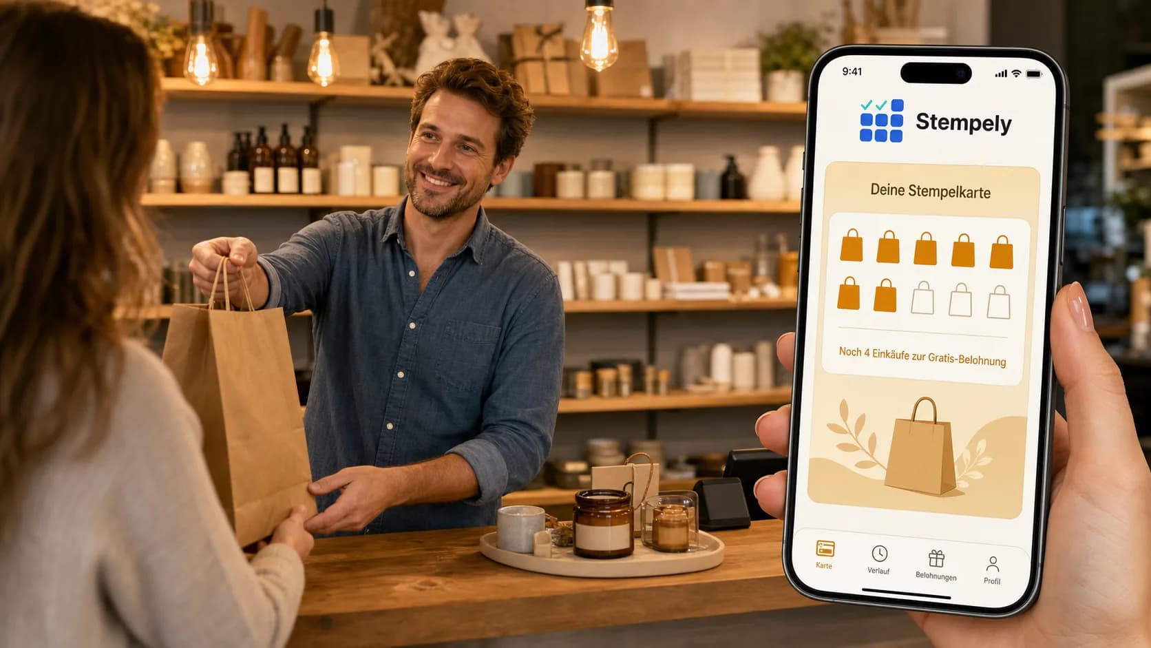 Vendeuse avec l'application Stempely à la caisse, carte de fidélité numérique pour le commerce et la boutique