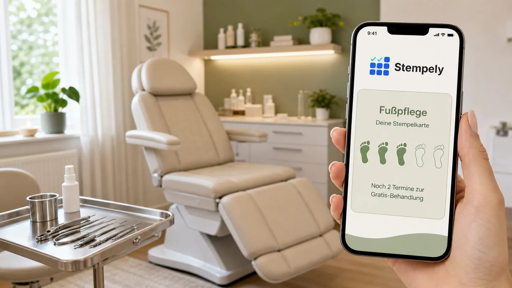 Spécialiste des soins des pieds avec l'appli Stempely dans la salle de soin, carte de fidélité numérique pour les soins des pieds et la podologie