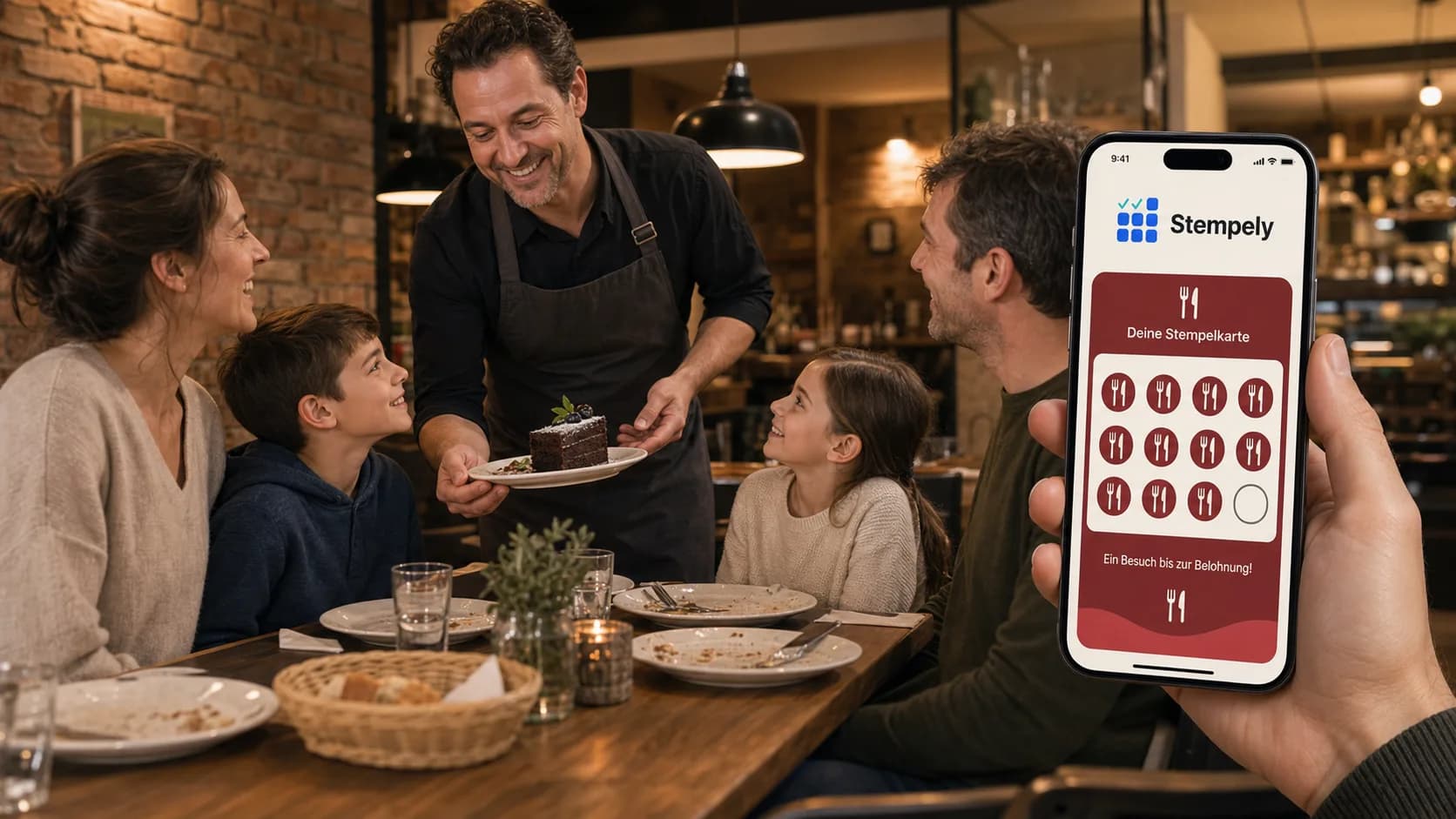 Serveuse avec l'application Stempely à une table de restaurant, carte de fidélité numérique pour la restauration et les restaurants