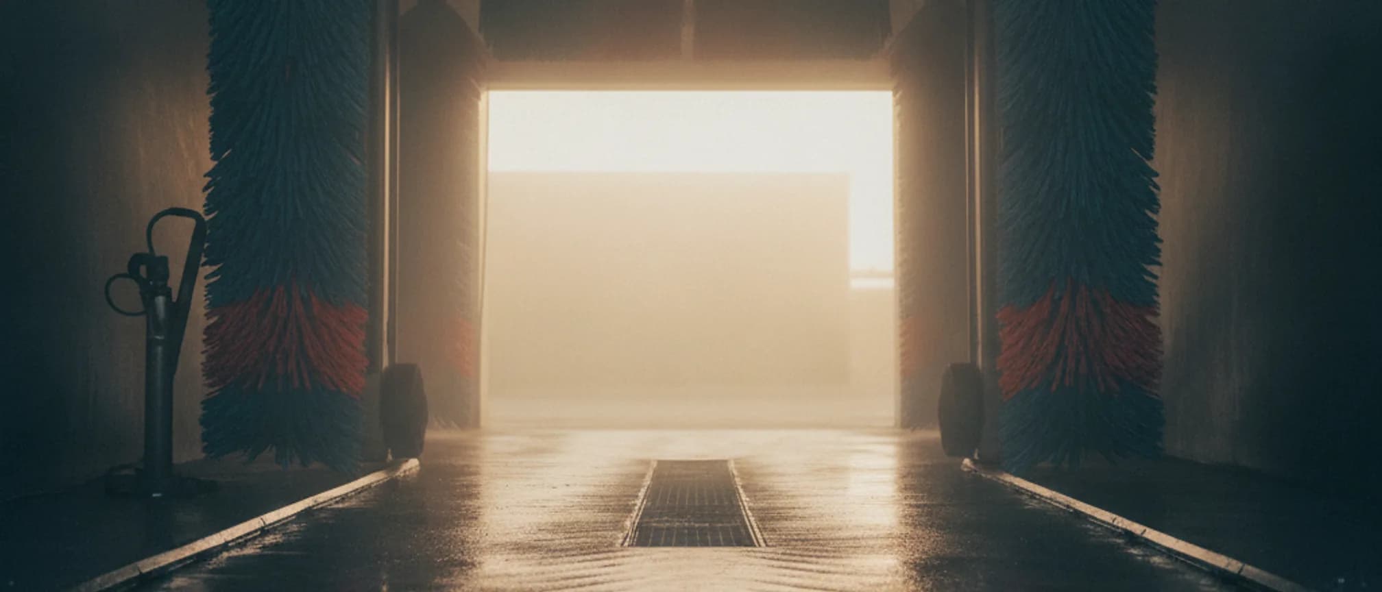 Tunnel de lavage vide en fin d'après-midi, symbole des habitués qui ne reviennent plus
